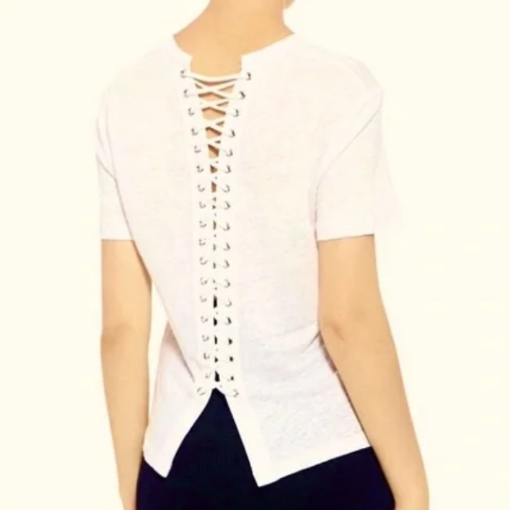 A.L.C. Short Sleeve Cotton Stretch Top w Bold Lace-Up and Silver Eyelet Detail